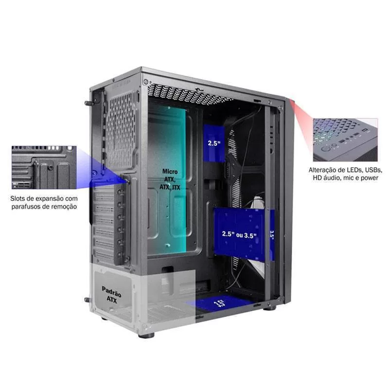 058 - GABINETE GAMING KRATOS II PRETO LED RGB CG-45TP K-MEX - Imagem 3